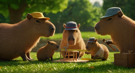 Capivaras fazendo projeto arquitetônico ao ar livre.