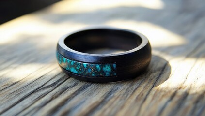 Dark ring, turquoise inlay.  Smooth band, wood grain