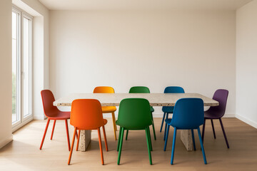 Fototapeta premium High-Resolution Ultra-Realistic Image of a Minimalist Dining Room Featuring a Full Spectrum of Rainbow-Colored Chairs Around a Light Wood Table – Showcasing Dopamine Decor, Playful Interior Design