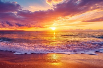 Sunset over ocean, vibrant colors, golden hour
