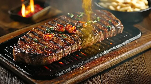 Juicy grilled steak being drizzled with sauce, served on a sizzling platter with fries nearby
