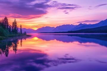Serene sunrise over a still lake, reflected in vibrant hues of purple and pink.  Misty mountains in the distance