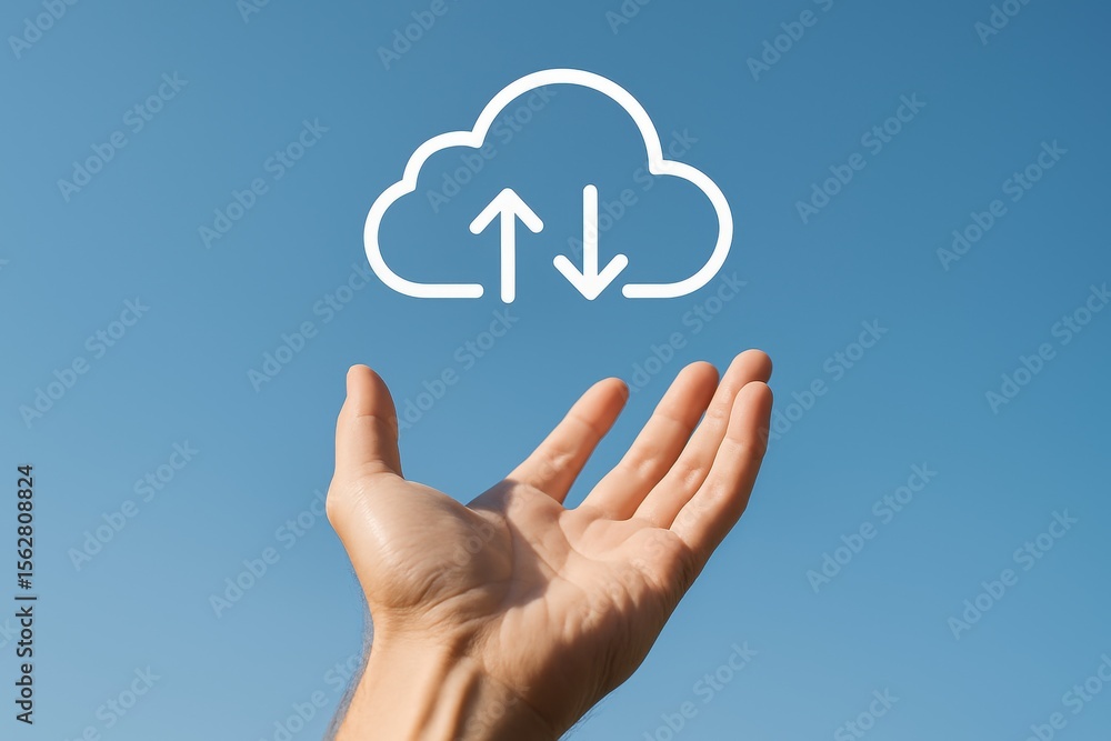 Poster cloud data's touch: a person's hand reaches up to the sky, seemingly touching a data cloud icon, sym