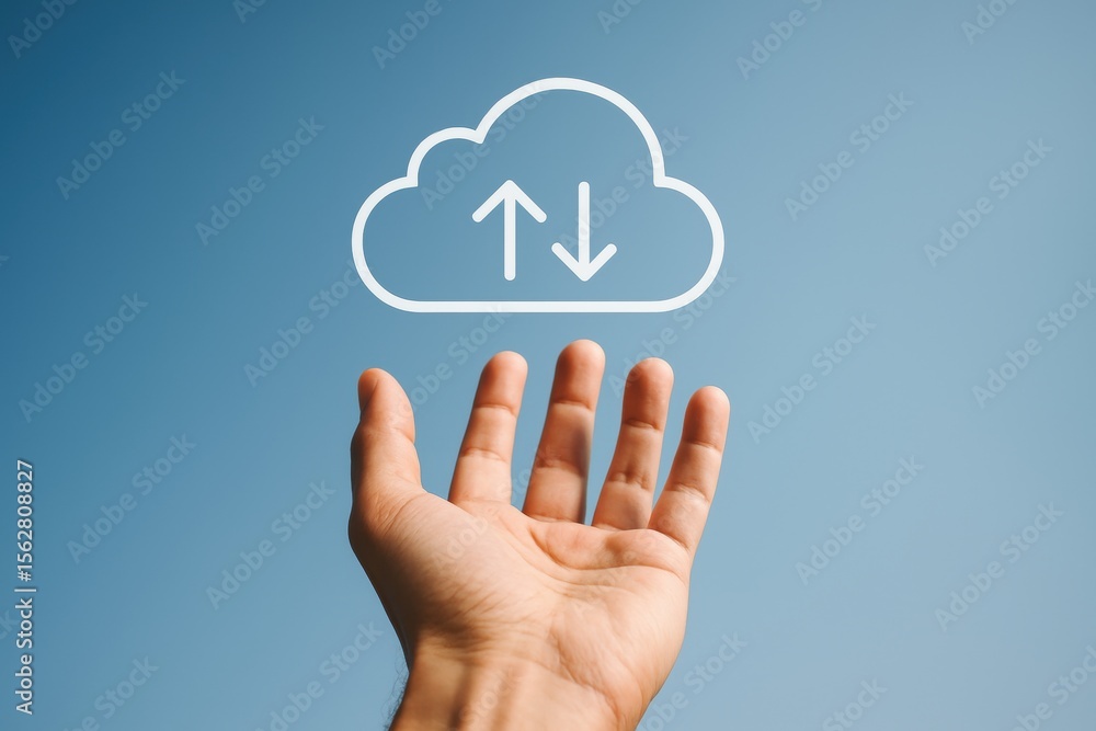 Poster cloud computing concept: a hand reaches towards a floating cloud icon, symbolizing the accessibility
