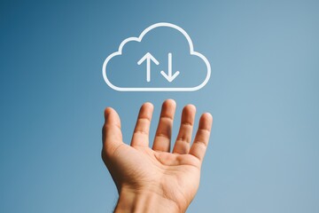 Cloud Computing Concept: A hand reaches towards a floating cloud icon, symbolizing the accessibility and innovation of modern cloud computing technology, over a vibrant sky.