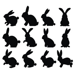 Collection of twelve distinct rabbit silhouettes in various poses silhouette
