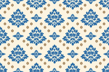 Classic seamless floral damask pattern in blue and beige with subtle brown accents. Perfect for vintage wallpapers, fabrics, and elegant home decor designs.