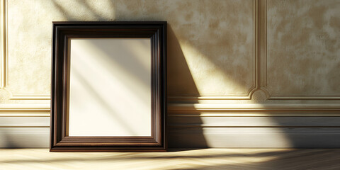 Empty Wooden Frame in Sunlit Room with Shadow Patterns 