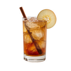 Refreshing apple cider cocktail with cinnamon sticks and ice on a transparent background, perfect for autumn celebrations.