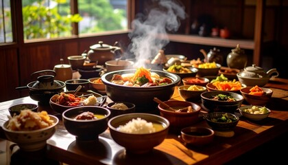 温かい湯気が立ち上る伝統的な日本料理の食卓風景、木製の器に盛られた色とりどりの和食メニュー