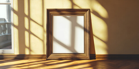 Empty Wooden Frame in Sunlit Room with Shadow Patterns 