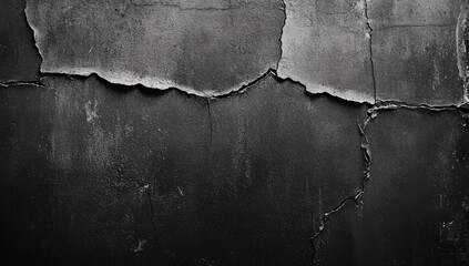 Close-up of a weathered, dark gray concrete wall with deep cracks
