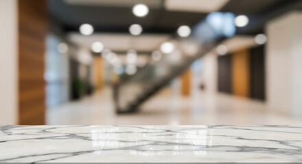 White Marble Stone Table Top with Blurred Modern Interior Background – Ideal for Product Display or Montage Mockup