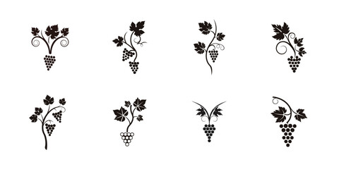 Minimal grape vine icon set in black silhouette vector style, abstract fruit plant design, winery decorative art elements, elegant leaf and branch shapes

