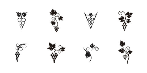 Elegant black silhouette grapevine icon collection, minimal decorative vector illustrations of grape plant, wine leaves, and vintage botanical art symbols

