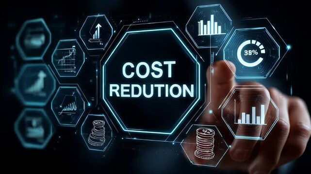 Interactive Blue Hologram Display Featuring Cost Reduction Concept With Data Charts and Businessman Hand on Dark Backdrop for Commercial Use