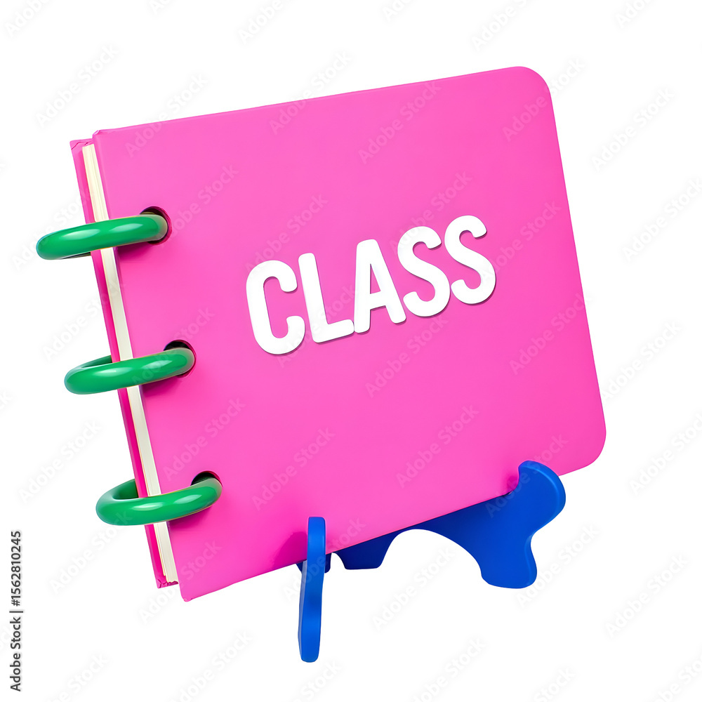 Poster pink notebook with green rings and the word c l a s in white letters on a stand isolated on a transp