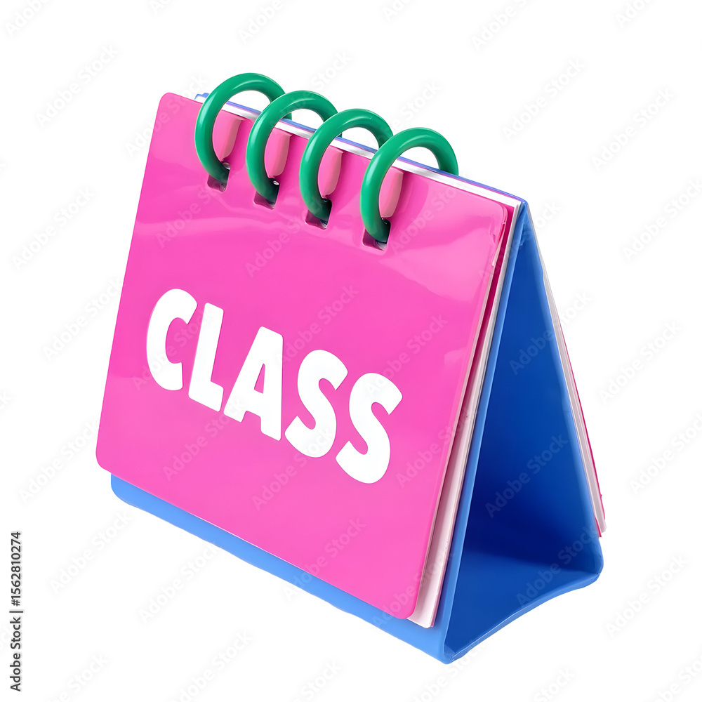 Poster pink desk calendar with the word c l a s in white letters and green spiral binding isolated on a tra