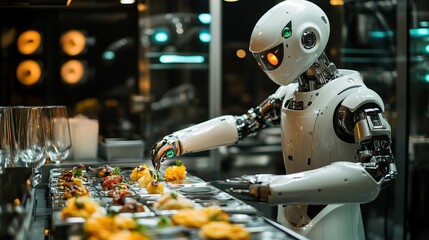 A futuristic robot chef preparing gourmet dishes with precision