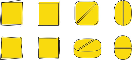 A set of yellow square and oval shapes with black outlines on white background