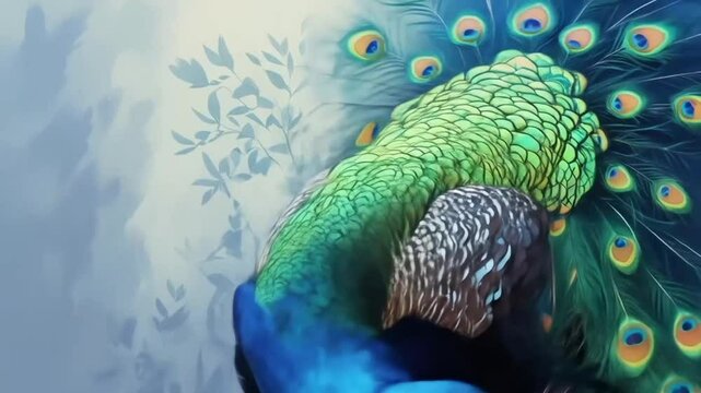 a vibrant, colorful illustration of a majestic peacock, its plumage a mesmerizing display of iridescent blues and greens, with intricate patterns and delicate feathers, set against a soft, misty backg
