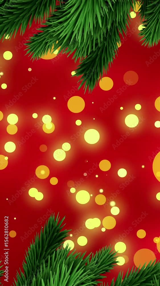 Poster animation of fir tree branches with glowing lights on red background