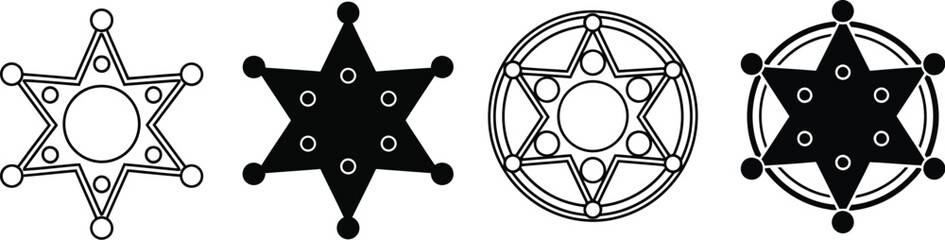 Four sheriff star badge illustrations in black and white on a white background