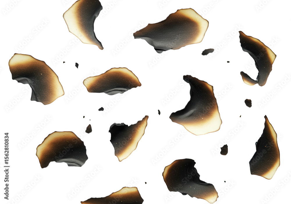 Poster burnt paper edges and fragments create a textured pattern, isolated on transparent background