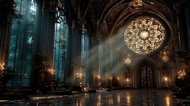 Enchanting gothic hall with forest view and sunbeams through rose window