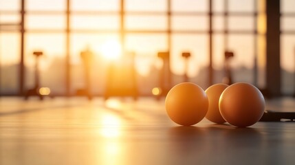 Sunlit Gym Interior with Table Tennis Balls on Floor at Sunrise