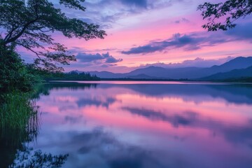 Serene lake sunset reflected in still water. Lush trees frame tranquil scene