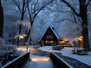 Snowy winter evening at a cozy lodge
