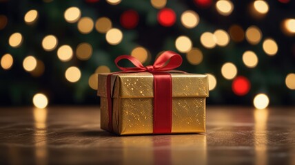 A golden gift box with a red ribbon sits on a wooden surface, with bokeh lights in the background.