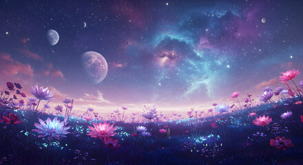 Vibrant purple and blue neon tunnel with light streaks and geometric symmetry.