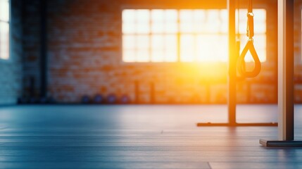 Warm Sunlight Illuminates an Empty Gym with Fitness Equipment