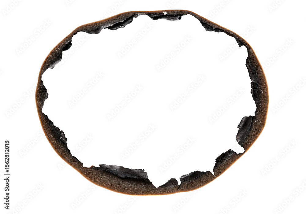 Aufkleber a circular burnt paper with a charred hole and textured edge isolated on transparent background