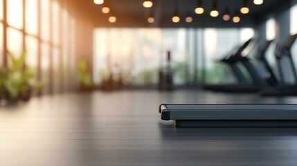 Modern gym interior with treadmill and bright sunlight streaming in