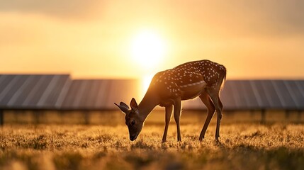 Deer Grazing at Sunset with Solar Panels in the Background