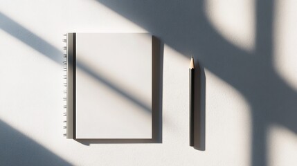 Blank Notebook and Pencil on Minimalist Background with Shadows