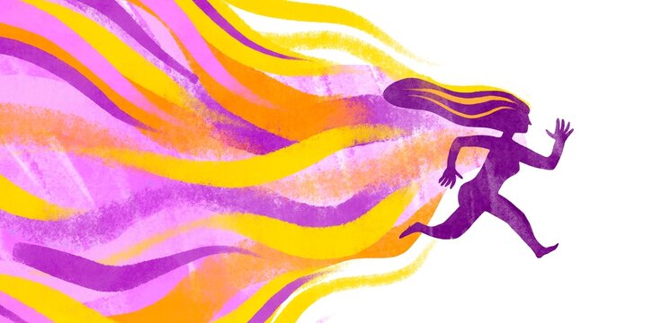 running woman with colorful magic lines behind her