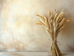 Golden wheat stalks tied in a bunch on a beige backdrop