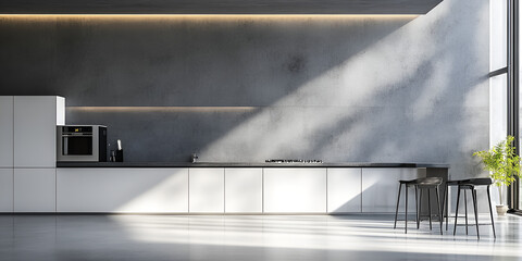 Modern Minimalist Kitchen Interior with Natural Light and Concrete Wall