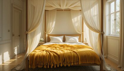A bright bedroom featuring a four poster bed with a yellow blanket and white curtains
