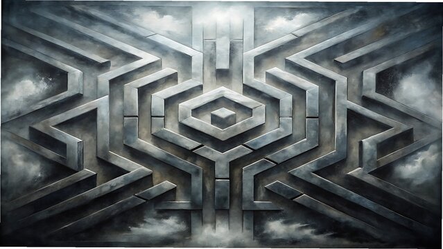 Abstract grey maze design with artistic rendering and dramatic cloudy background