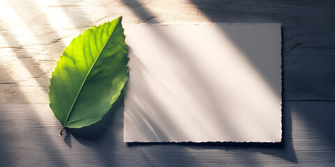 Blank Card with Green Leaf in Sunlight on Wooden Table