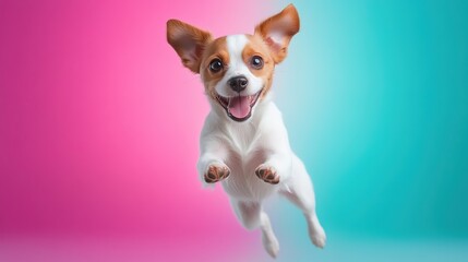 Happy Dog Jumping Against Bright Pink and Blue Background