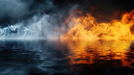 Dynamic Contrast of Fire and Smoke on a Calm Water Surface