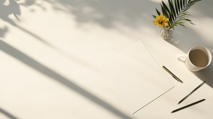Creative Workspace with Coffee, Paper, and Fresh Flowers in Sunlight