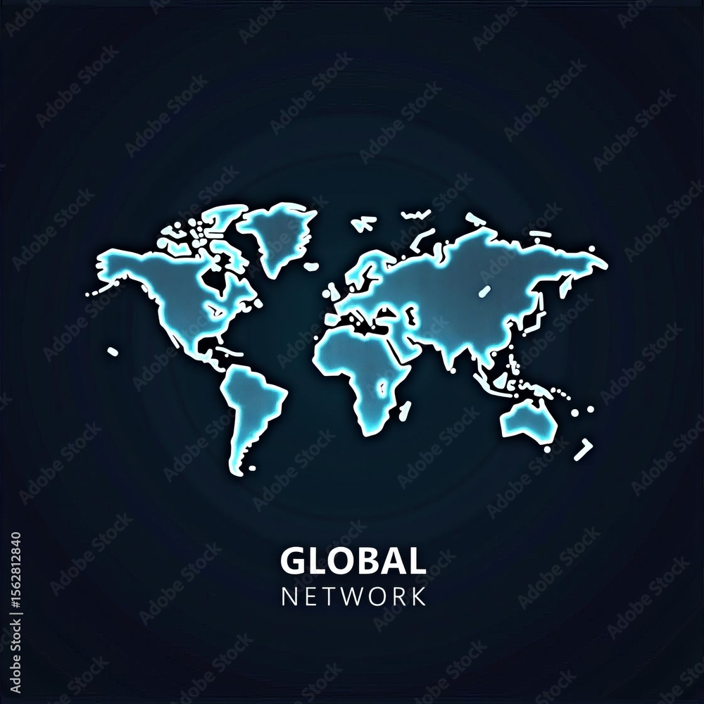 Poster global network connectivity and communication concept with digital glowing world map on dark backgro