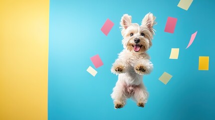 Happy Dog Jumping with Colorful Paper Confetti in Bright Studio